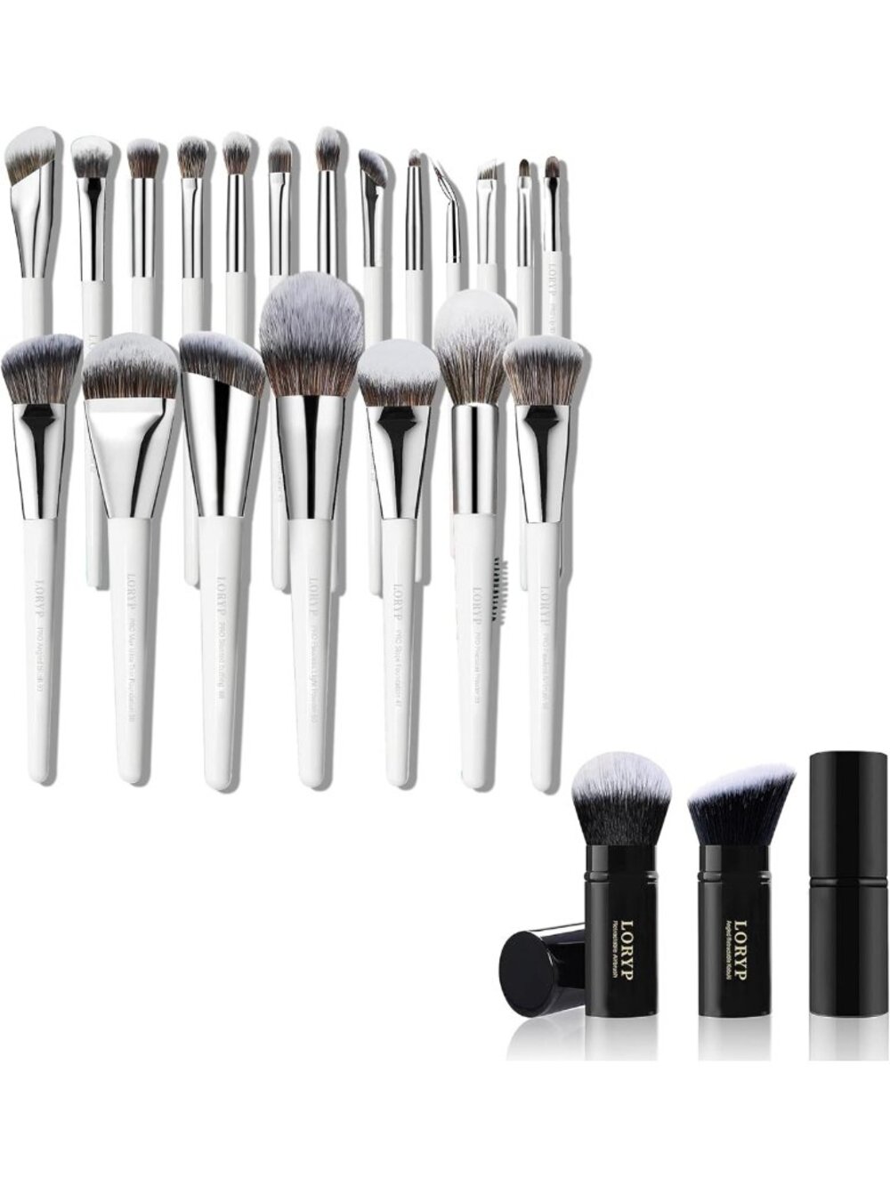 LORYP 2 Retractable Kabuki Brushes & 20-Piece White Vegan Luxury Brush Set